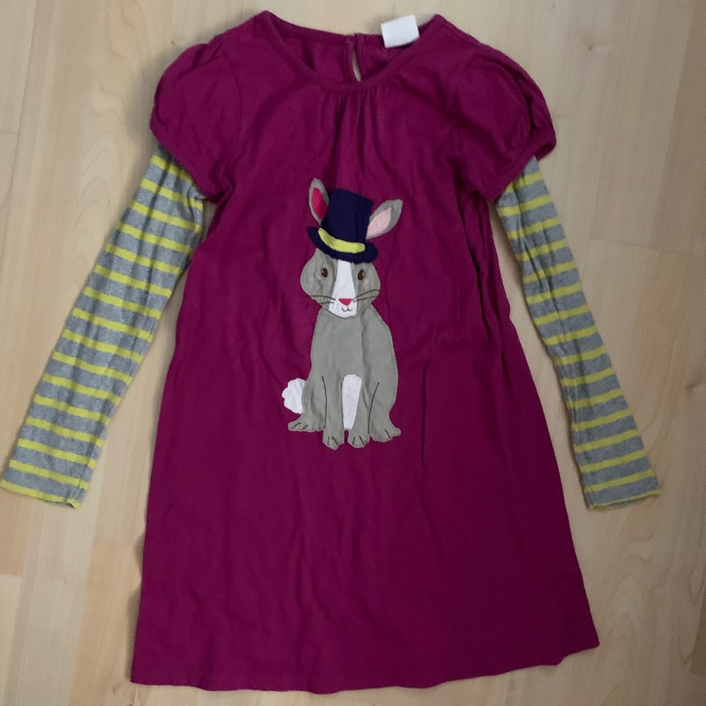 Mini Boden Bunny Appliqué Stripe Plum Dress 7-8
